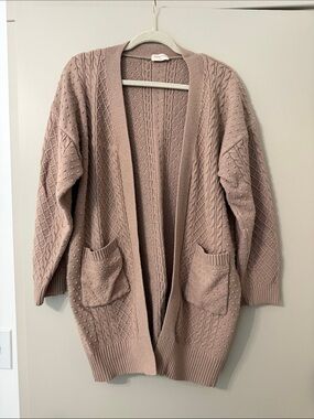 Open-Front Cable Knit Cardigan in Dusty Rose